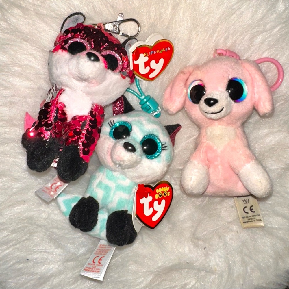 Ty Beanie Boo Plush Keychain Bundle Set- Jewel, Atlas, Pink dog (not beanie boo)